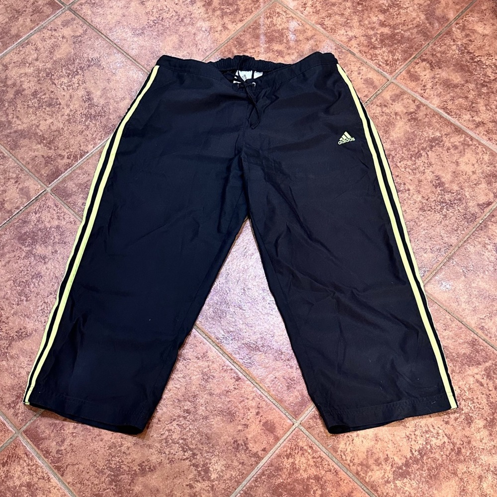 VTG Y2K Adidas 3-Stripe Cropped Capri Track Pants Women L Black/Yellow